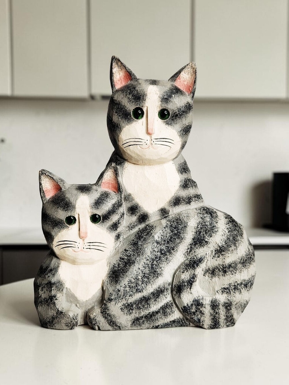 James Haddon Signed Hand Carved Striped Gray Tabby Cats Wood Figurine Folk Art